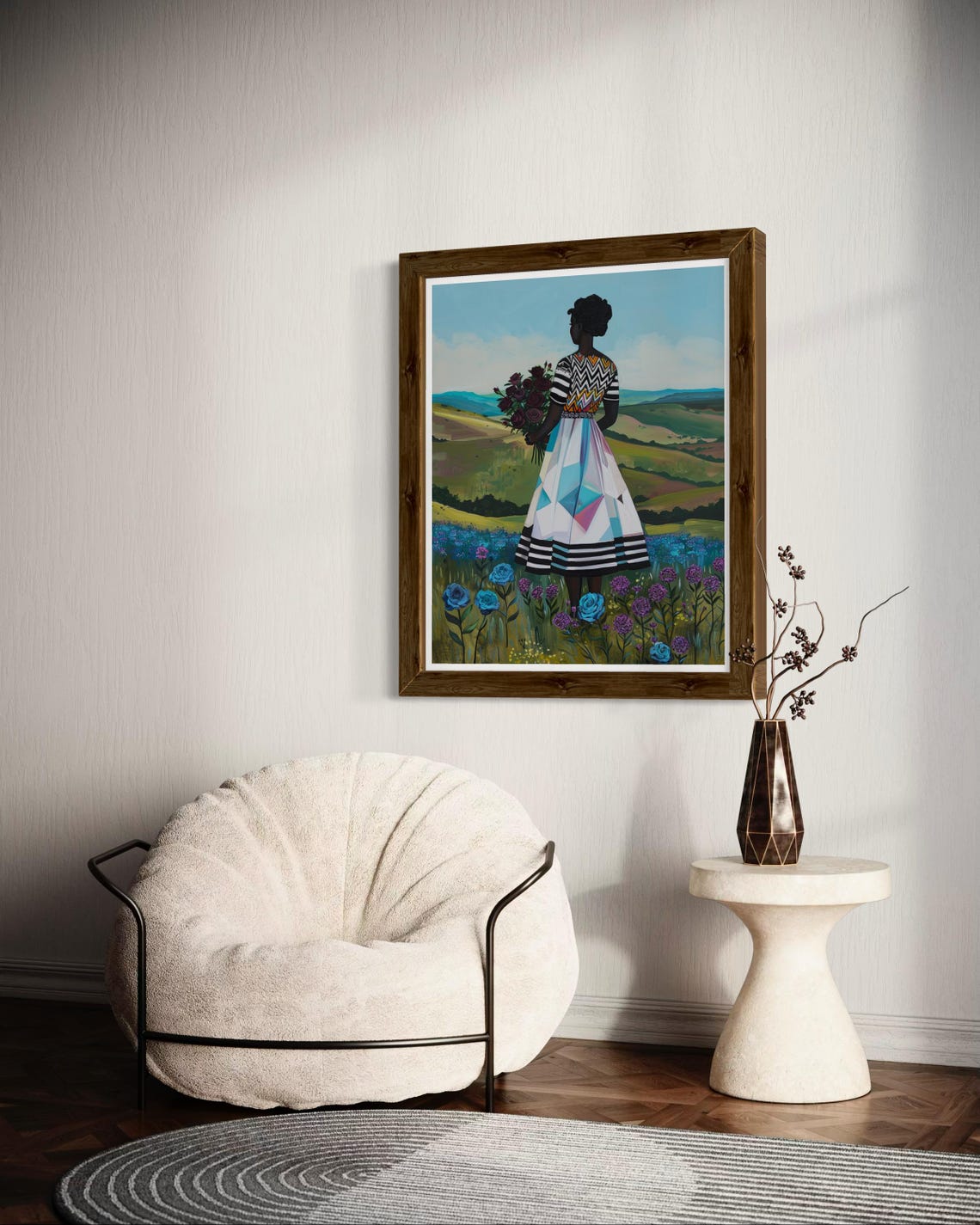 African Woman Holding Red Roses Bouquet In Flower Field Art Print - Image 3