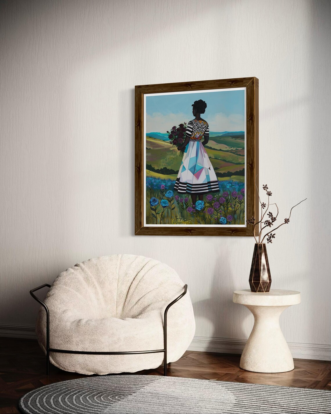 African Woman With Floral Bouquet Art Afrocentric Nature Wall Art Vibrant Black Girl Painting Modern African Landscape Print - Image 3
