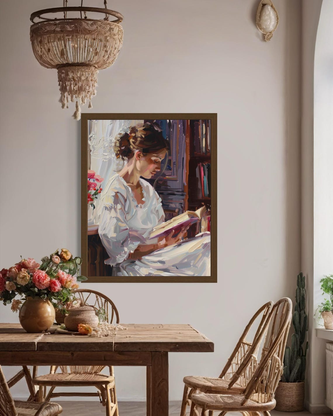 Woman Reading In White Dress Impressionist Library Oil Art Poster - Image 3
