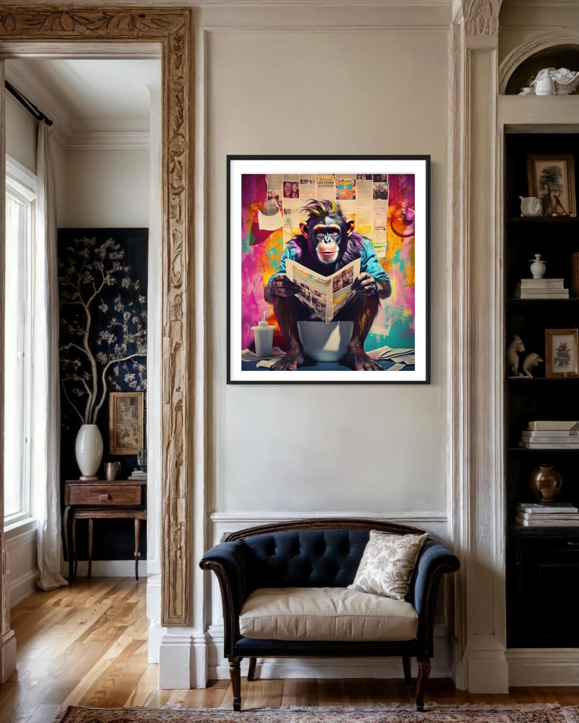 Funny Chimpanzee on Toilet Reading Newspaper Colorful Art Poster - Image 2
