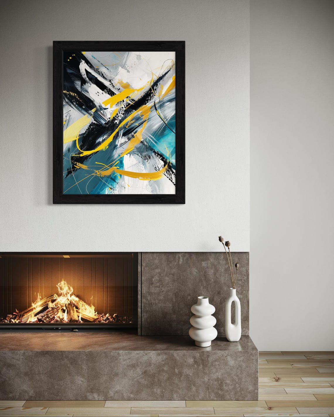 Modern Abstract Painting Yellow Black Teal Bold Brushstroke Poster - Image 4