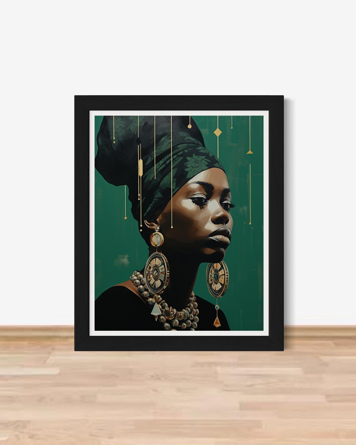 African Woman Emerald Green Headwrap Portrait Gold Jewelry Poster