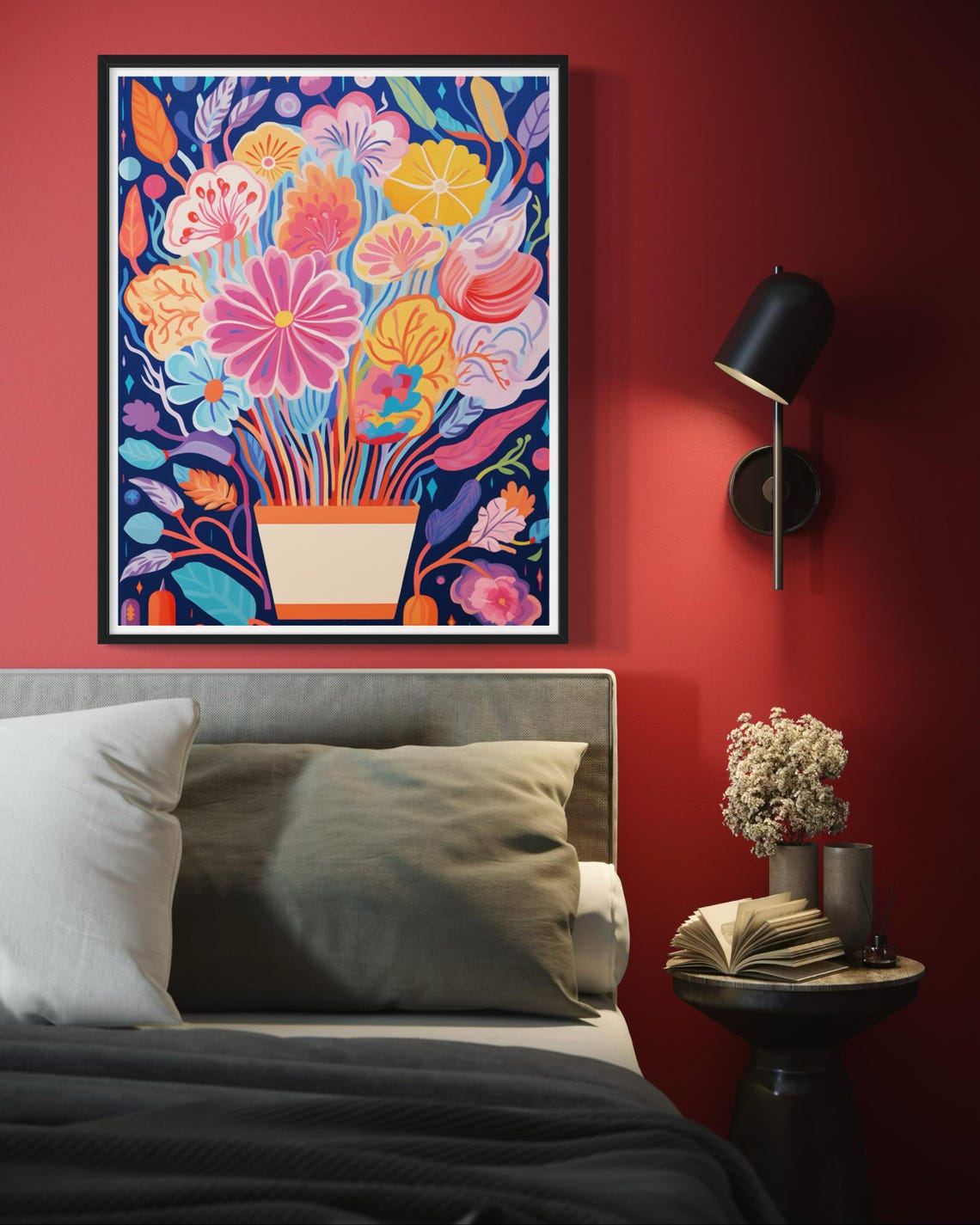 Colorful Flower Bouquet In Pot On Navy Blue Botanical Art Print - Image 3