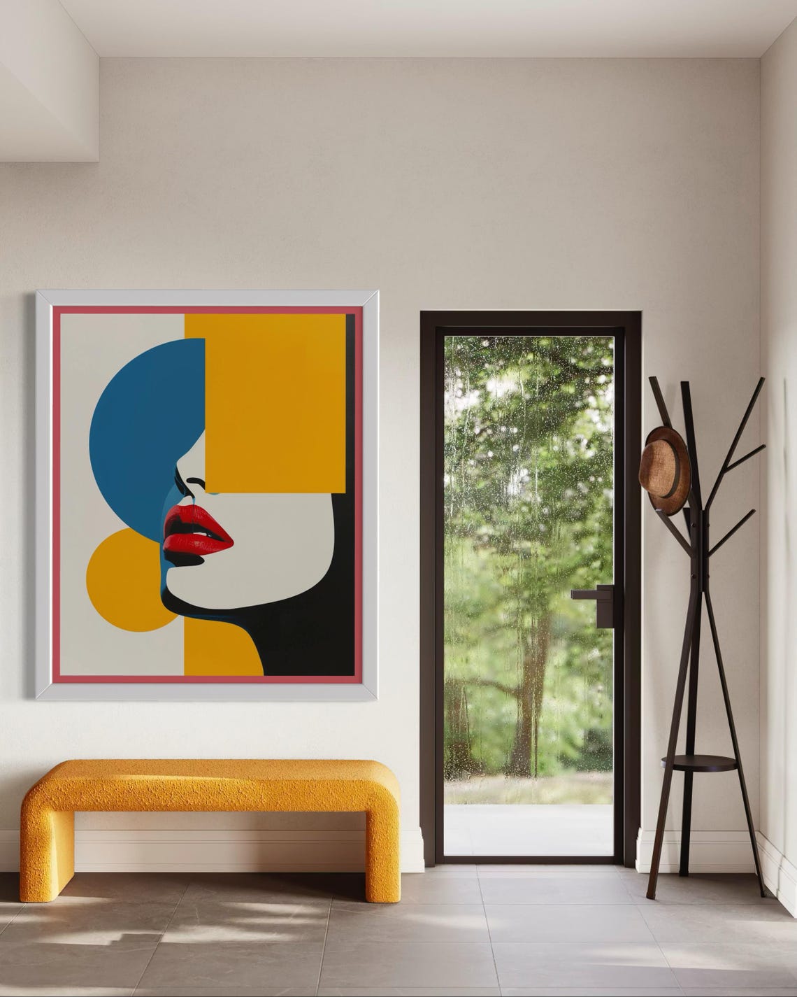 Geometric Woman Profile Portrait Teal Yellow Red Lips Wall Art - Image 3
