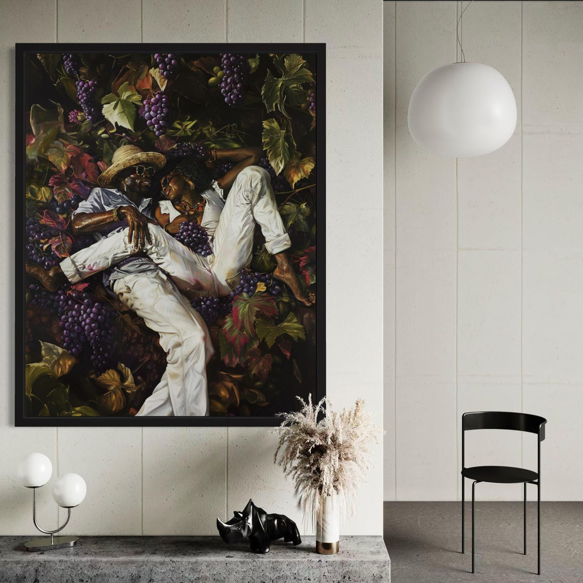 Black Couple Relaxing in Vineyard Among Grapes Romantic Art Poster - Image 6