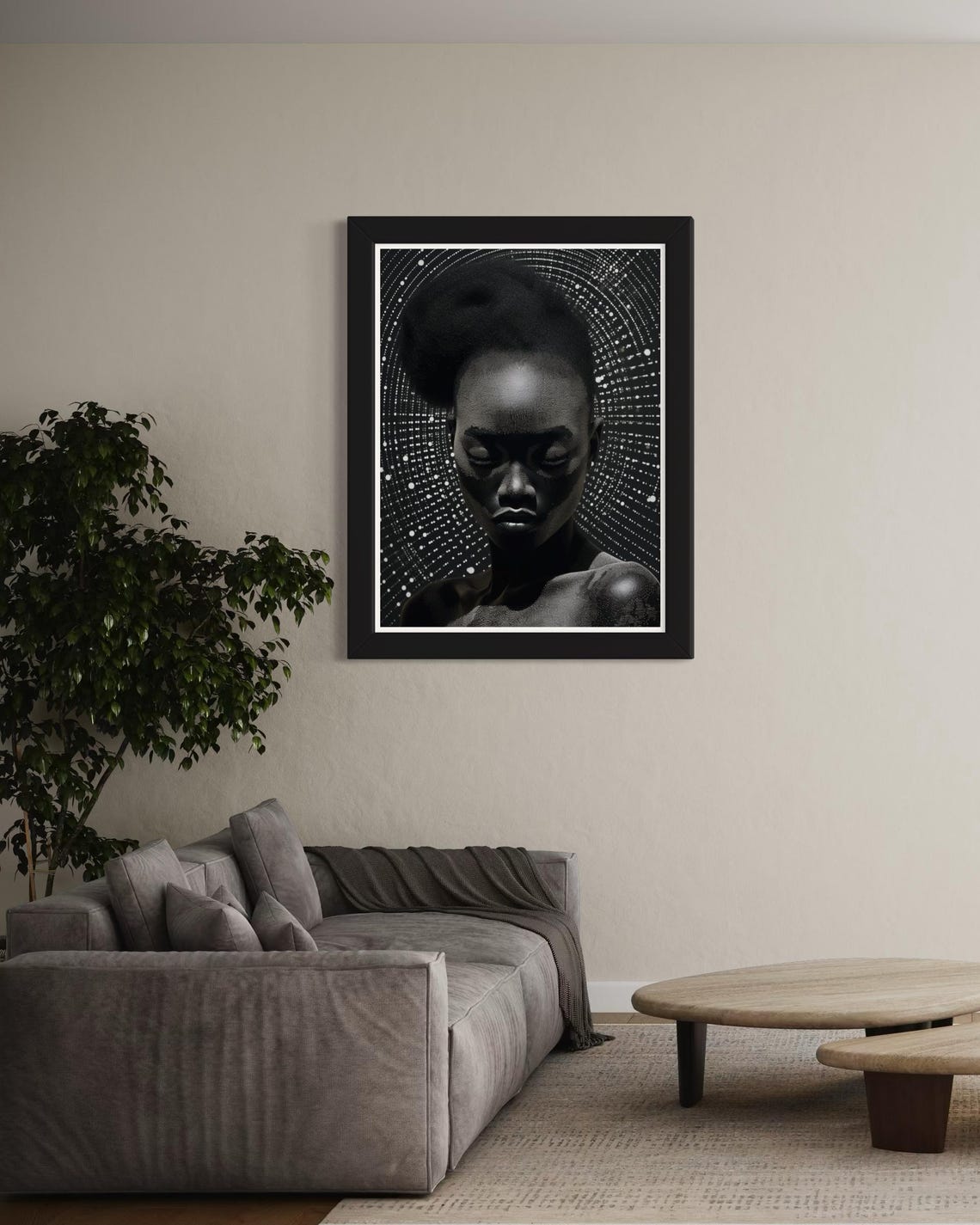 Black and White Woman Portrait Dotted Starburst Dramatic Wall Art - Image 4