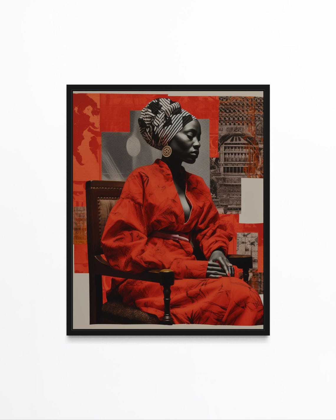 African Woman Red Robe Headwrap Bold Modern Collage Art Poster