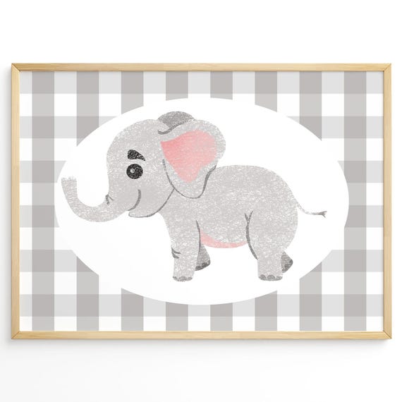 Elephant Nursery Wall Art Cute Safari Animal Baby Room Decor Gender Neutral Jungle Kids Print