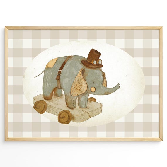 Vintage Elephant Wall Art Steampunk Toy Animal Nursery Retro Decor Antique Style Baby Shower Gift Artwork