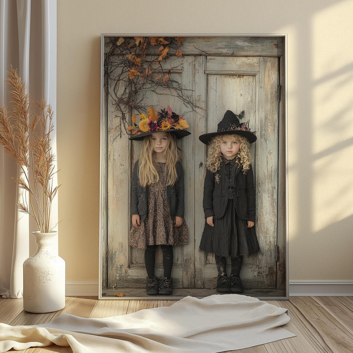 Two Witch Girls Floral Hats Rustic Door Autumn Halloween Poster