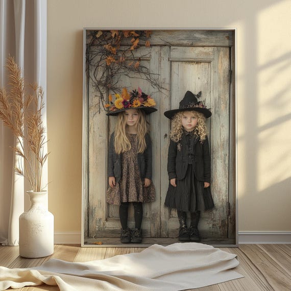 Whimsical Witch Girls Print Instant Halloween Wall Art Enchanting Costume Kids With Rustic Autumn Vibe