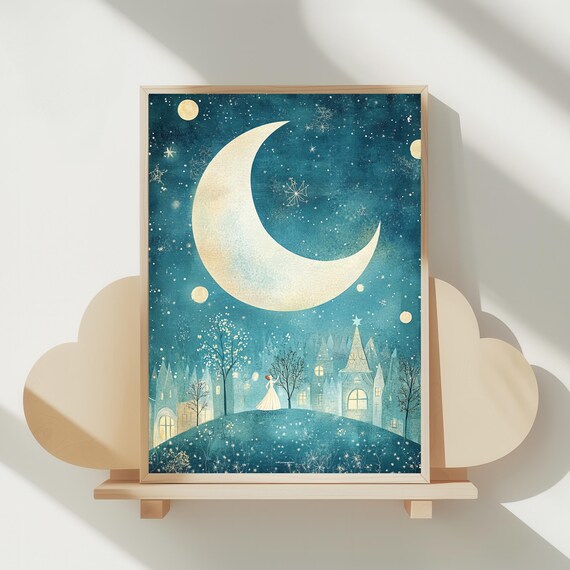 Crescent Moon Starry Night Print Whimsical Kids Room Decor