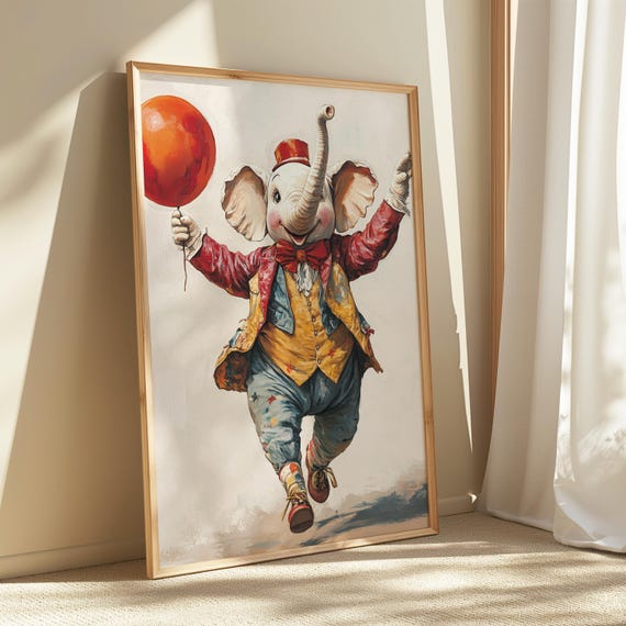 Whimsical Elephant Wall Art Circus Animal Vintage Carnival Print Retro Nursery Decor Instant