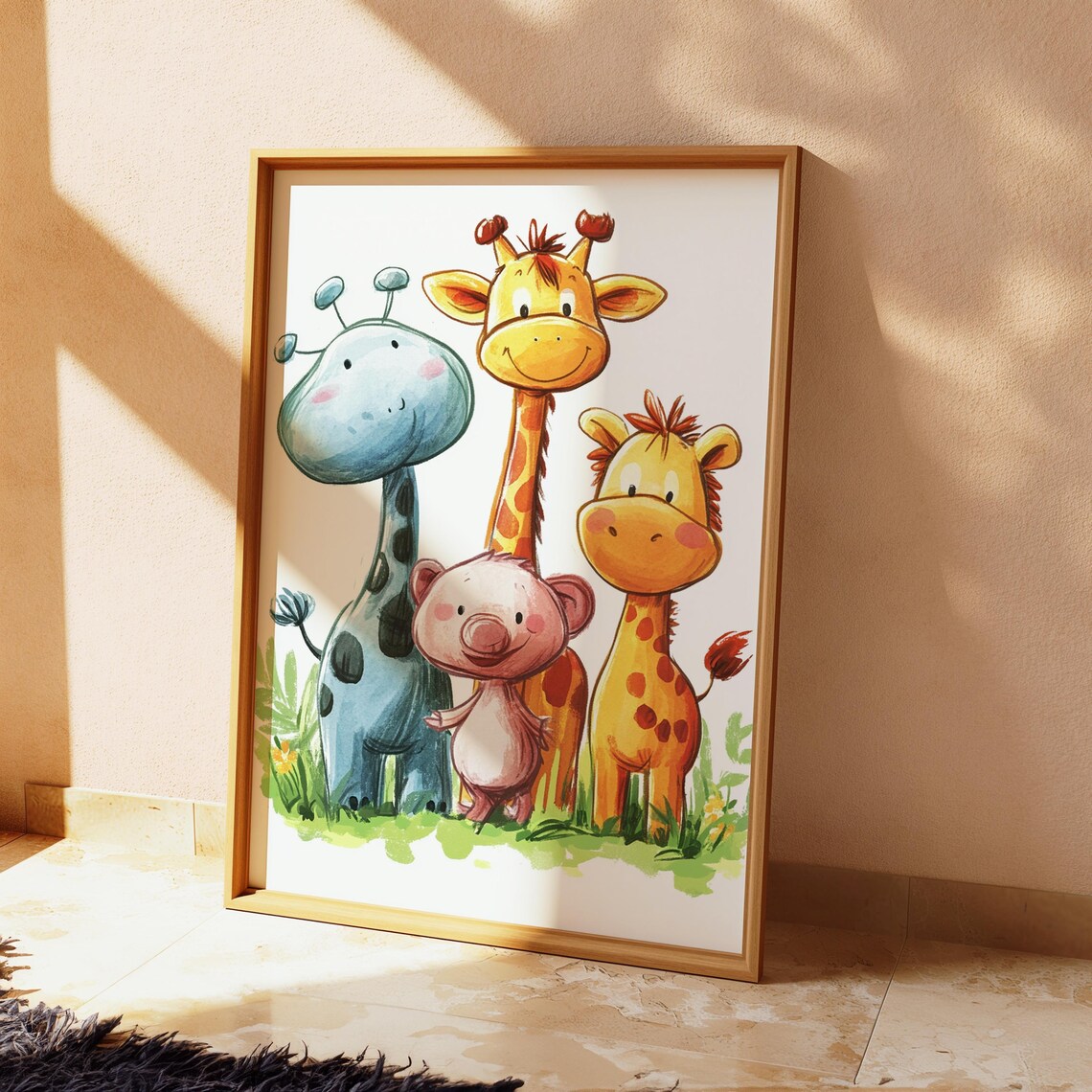 Whimsical Watercolor Giraffe Friends Safari Nursery Wall Decor Print