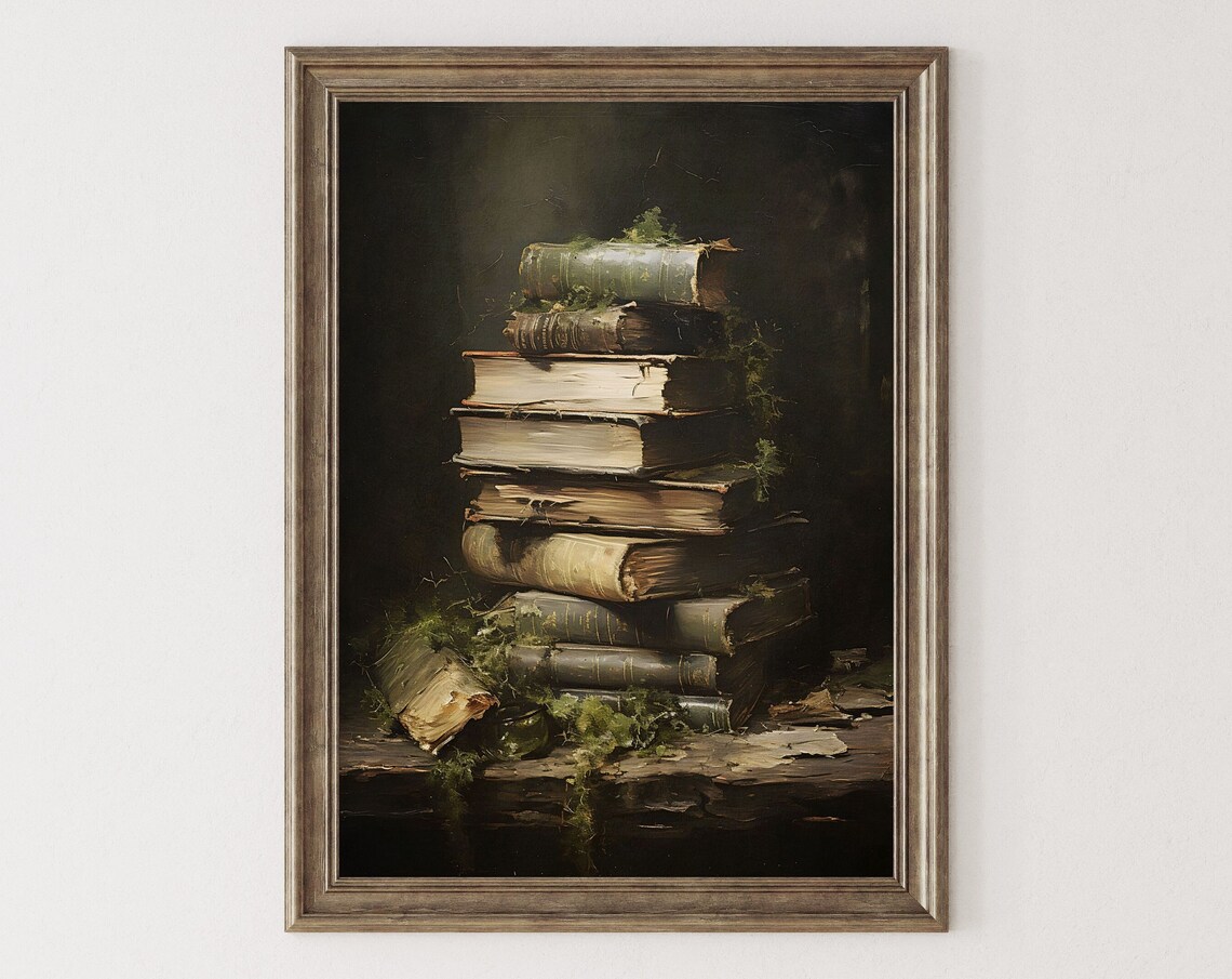 Antique Stack of Old Books with Moss Dark Academia Oil Painting Poster