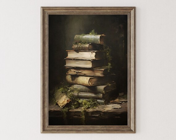 Antique Stack of Old Books with Moss Dark Academia Oil Painting Poster