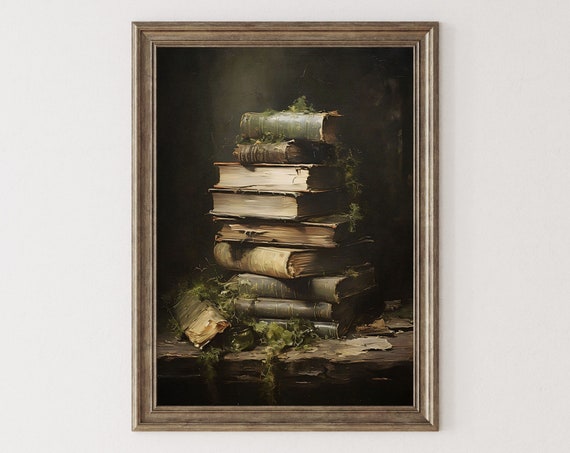 Dark Academia Art Moss Wall Art Print Bookish Wall Decor Moody Wall Art Gothic Home Decor Abandoned Library Art
