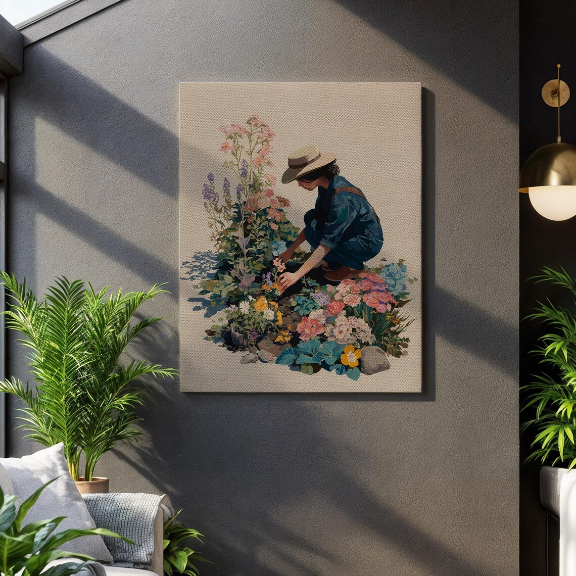 Woman Gardening Scene Blooming Flower Garden Pattern Vintage Art Poster