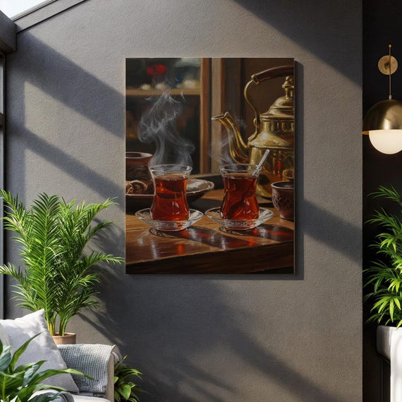 Turkish Tea Canvas Wall Art Realistic Hot Ay Glasses With Samovar Cultural Kitchen Decor Steam Brass Still Life Painting Print