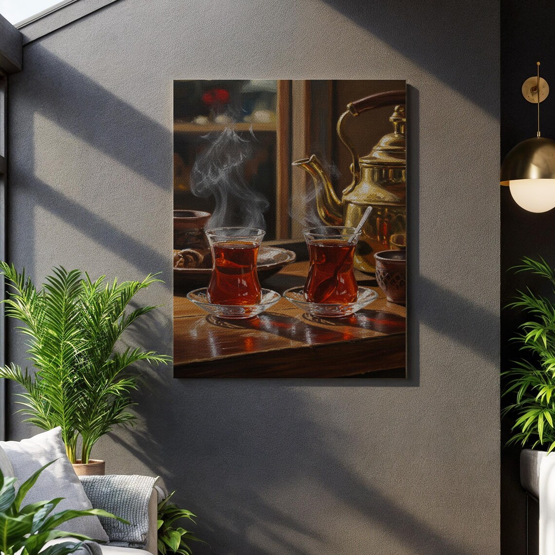Traditional Turkish Tea Tulip Glasses Brass Teapot Canvas Wall Art