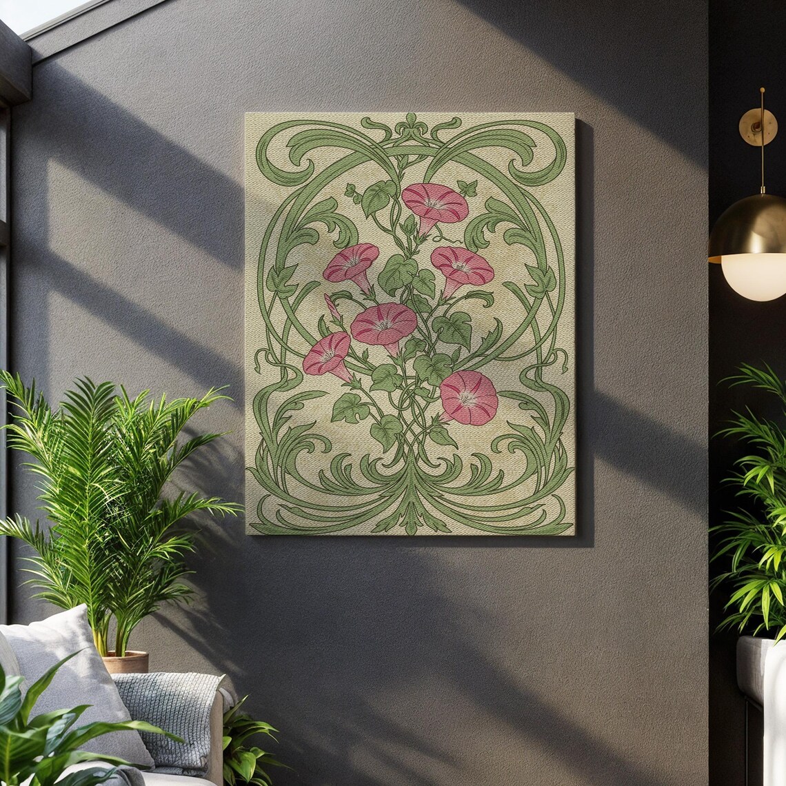 Morning Glory Art Nouveau Pink Flowers Green Vines Botanical Wall Poster