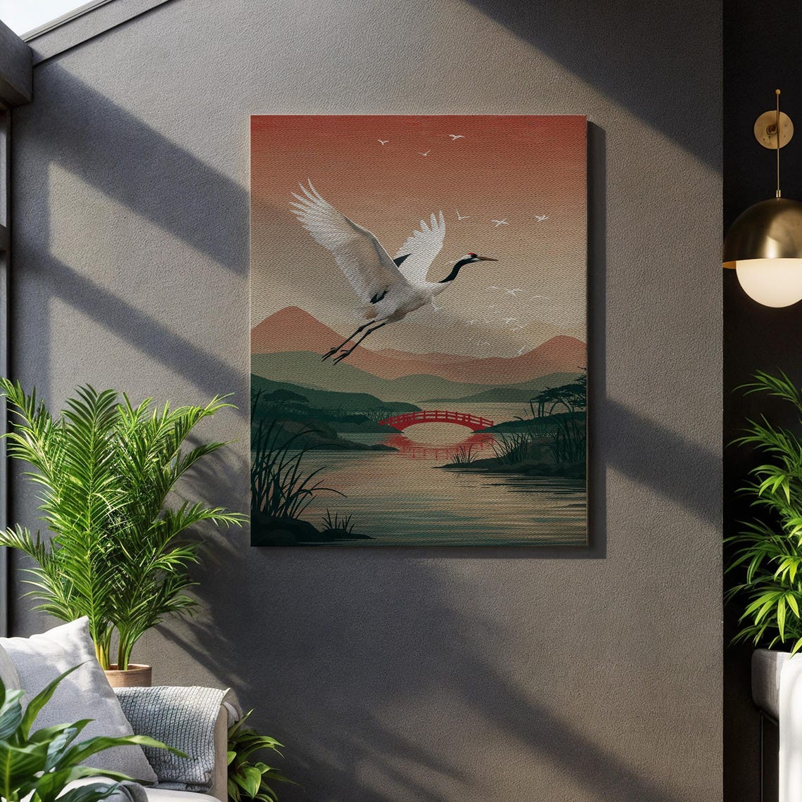 White Crane Flying Sunset Poster Japanese Lake Red Bridge Artwork