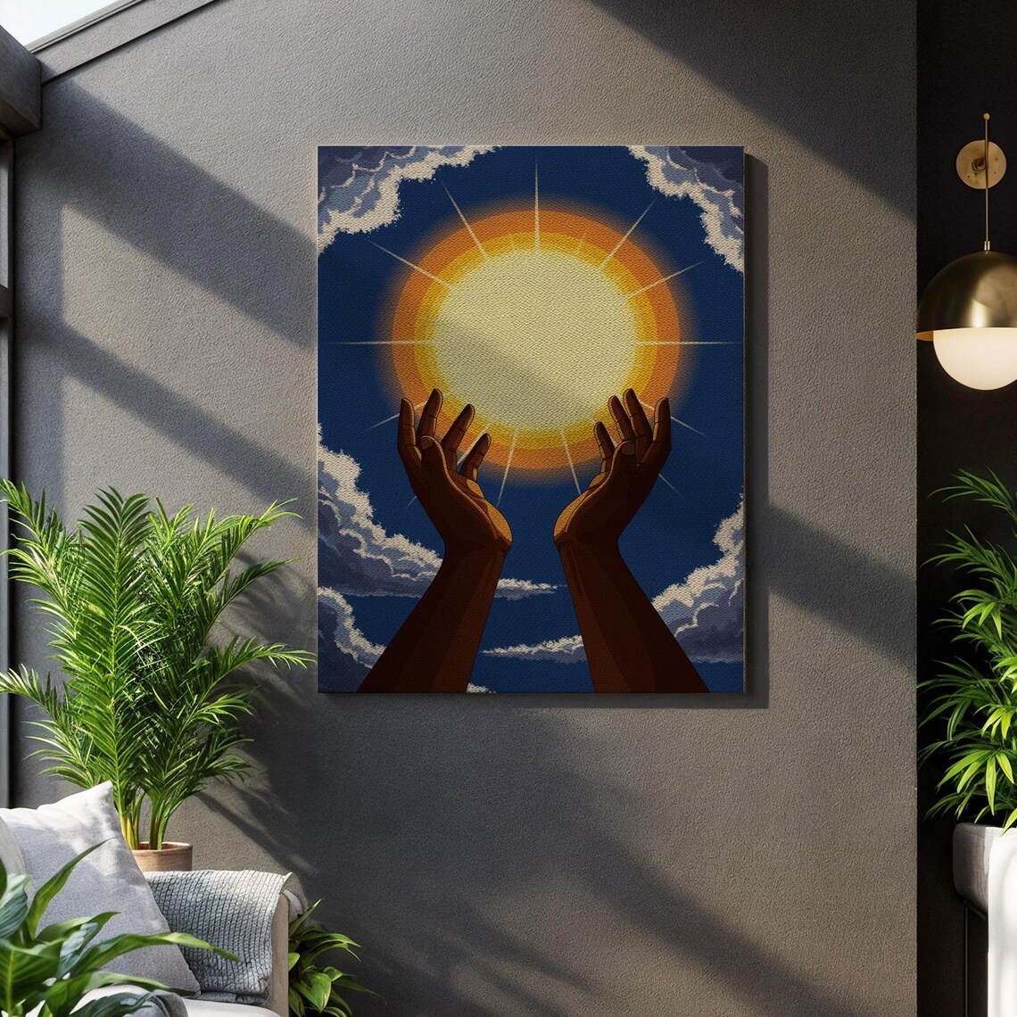 Hands Holding Radiant Sun Night Sky Spiritual Hopeful Illustration Poster