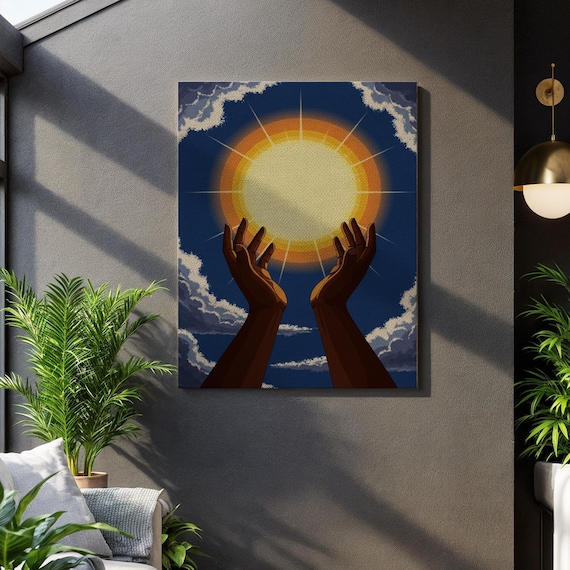 Hands Holding Radiant Sun Night Sky Spiritual Hopeful Illustration Poster