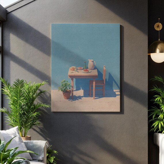 Mediterranean Summer Table Blue Wall Minimalist Coastal Canvas Wall Art