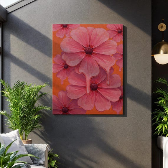 Pink Flower Canvas Wall Art Modern Abstract Floral Painting With Dripping Petals Vibrant Botanical Print For Home Office Or Gift