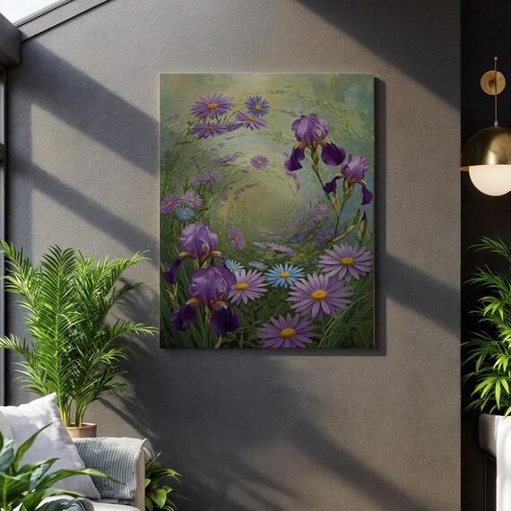 Purple Iris Daisy Garden Whimsical Floral Cottage Style Wall Art