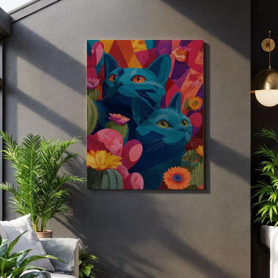 Psychedelic Cactus Cats Blue Feline Desert Bloom Vibrant Art Poster