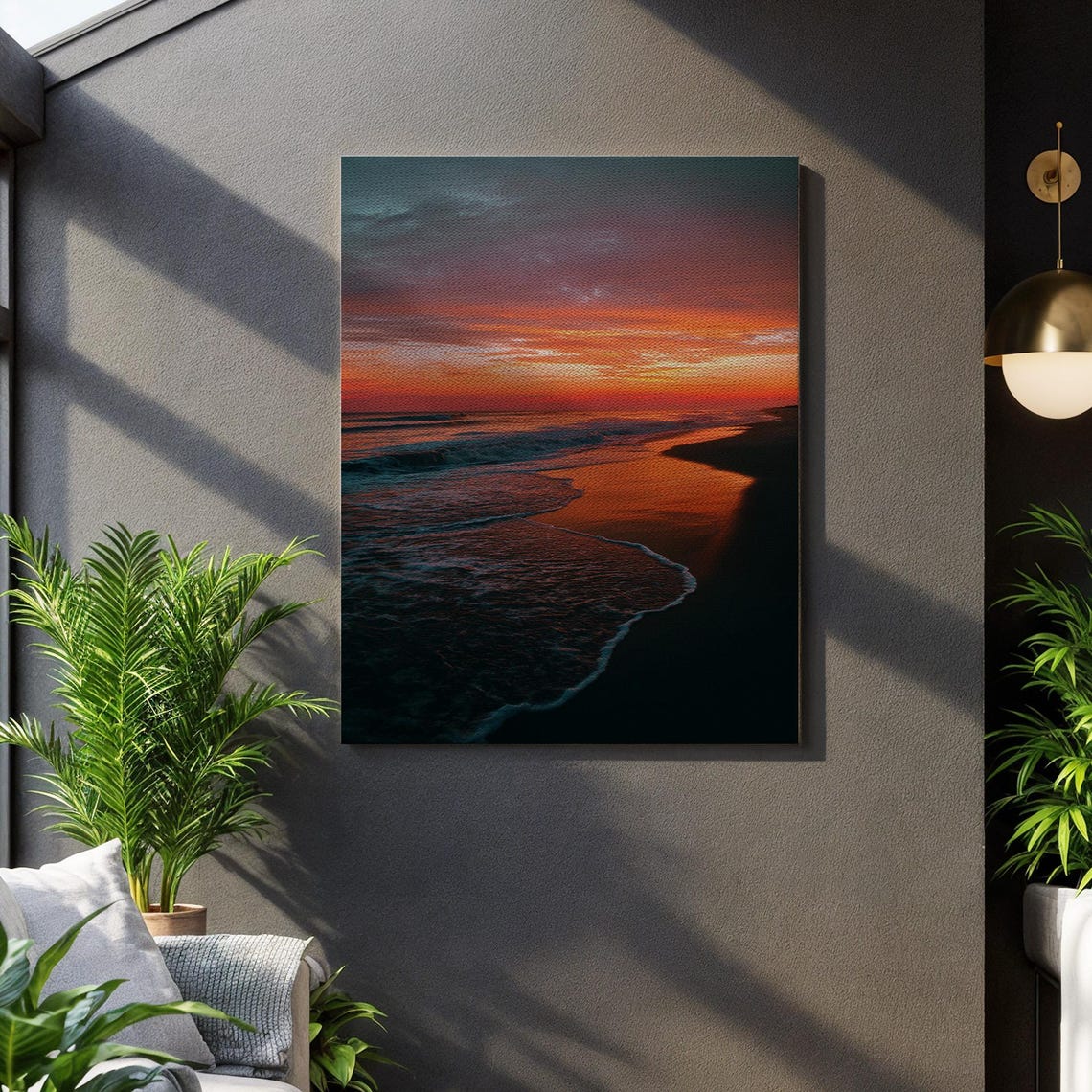 Dramatic Sunset Beach Waves Under A Fiery Red Sky Canvas Wall Art