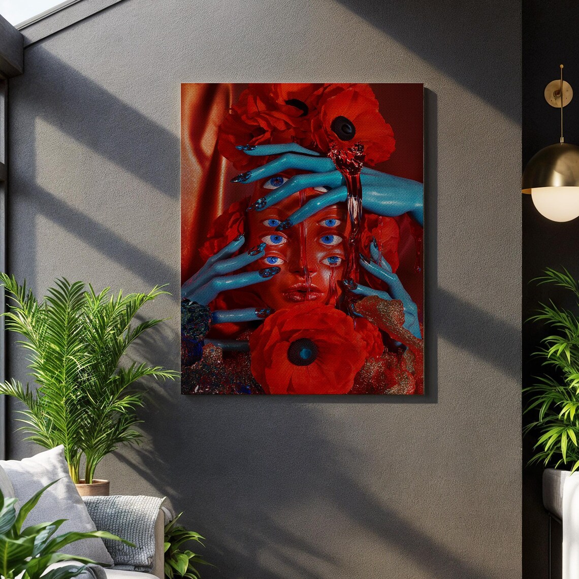 Surreal Red Portrait Multi Eyes Blue Hands Poppy Fantasy Art Print