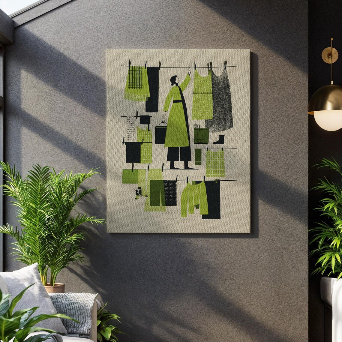 Midcentury Laundry Day Retro Woman Hanging Clothes Illustration Poster