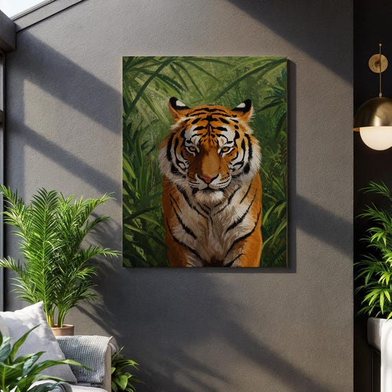 Majestic Tiger Portrait Jungle Wildlife Scene Framed Animal Display Intense Gaze Capture Safari Lover Gift Textured Detail Layers