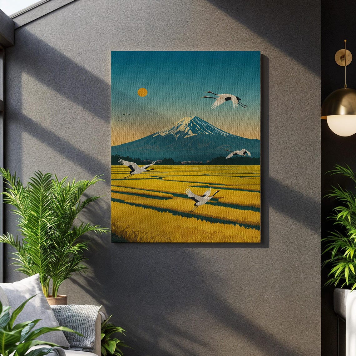 Mount Fuji Cranes Golden Rice Field Japanese Sunset Canvas Poster