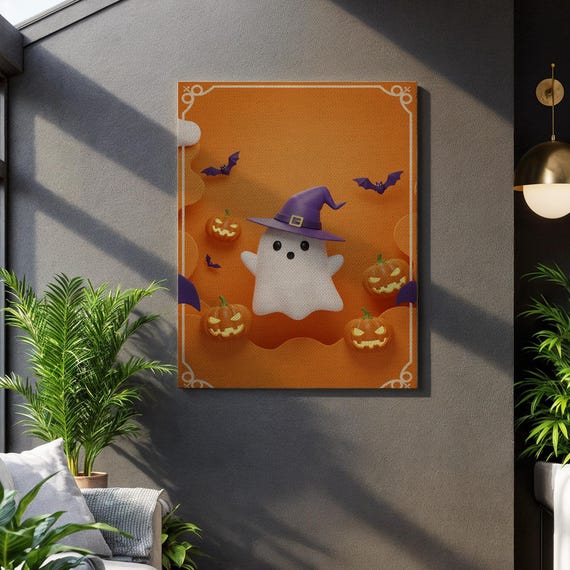 Cute Witch Canvas Wall Art Adorable Halloween Decor With Pumpkins Playful Spooky Illustration For Festive Seasonal Home Styling
