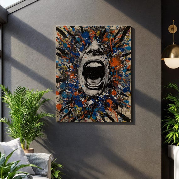 Screaming Face Canvas Wall Art Colorful Abstract Pop Explosion Expressive Urban Graffiti Style Print Bold Decor For Creative Spaces