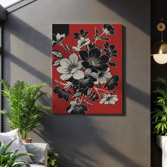 Black White Flowers Bold Red Background Dramatic Floral Art Poster