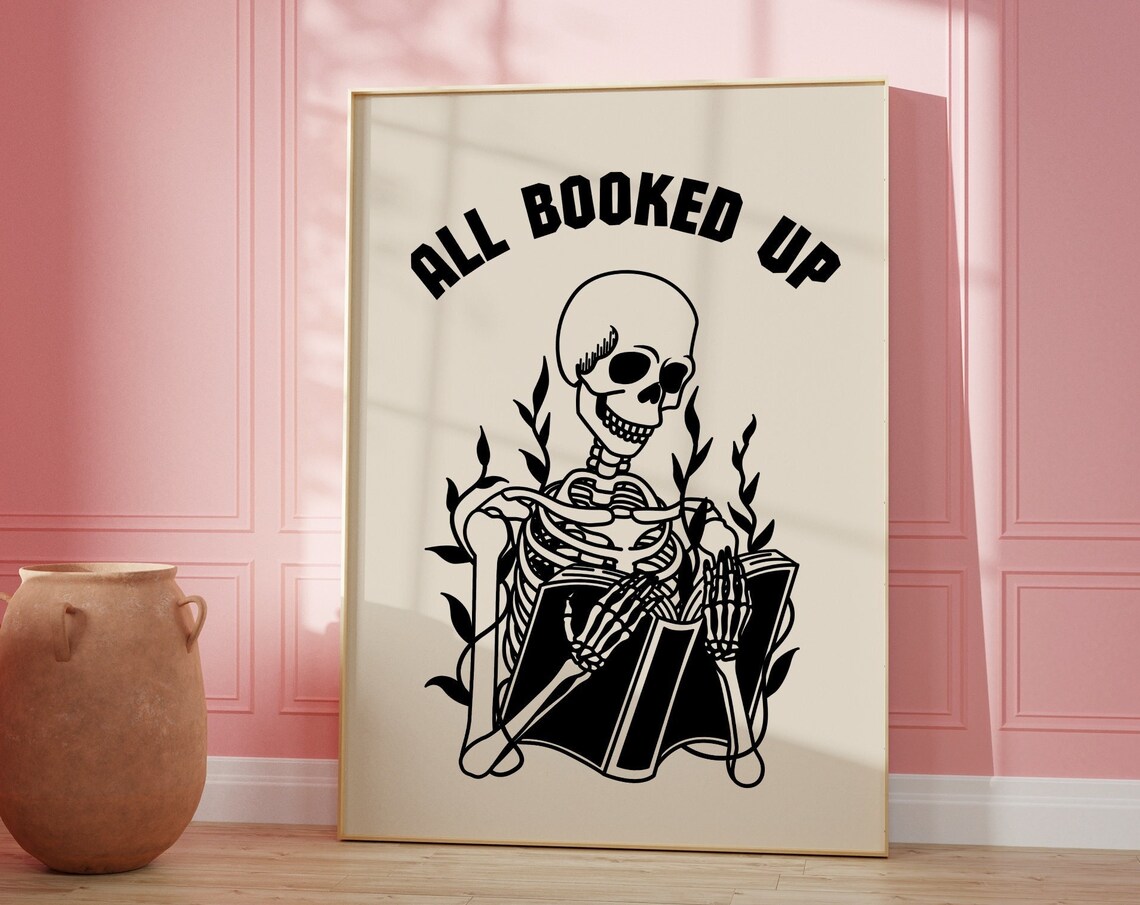 Skeleton Reading Poster, Retro Bookworm Quote Art