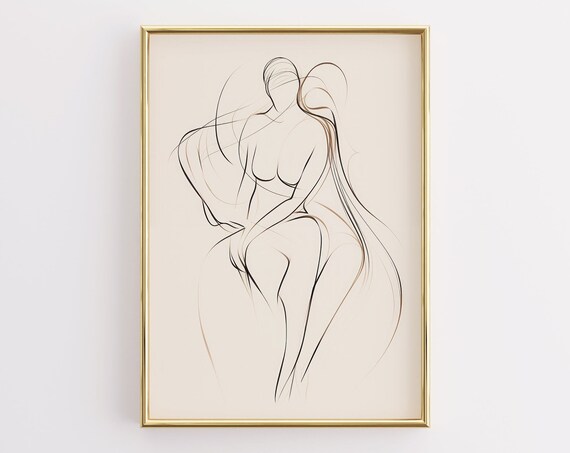 Female Body Line Art Minimalist Beige Abstract Figure Drawing Poster