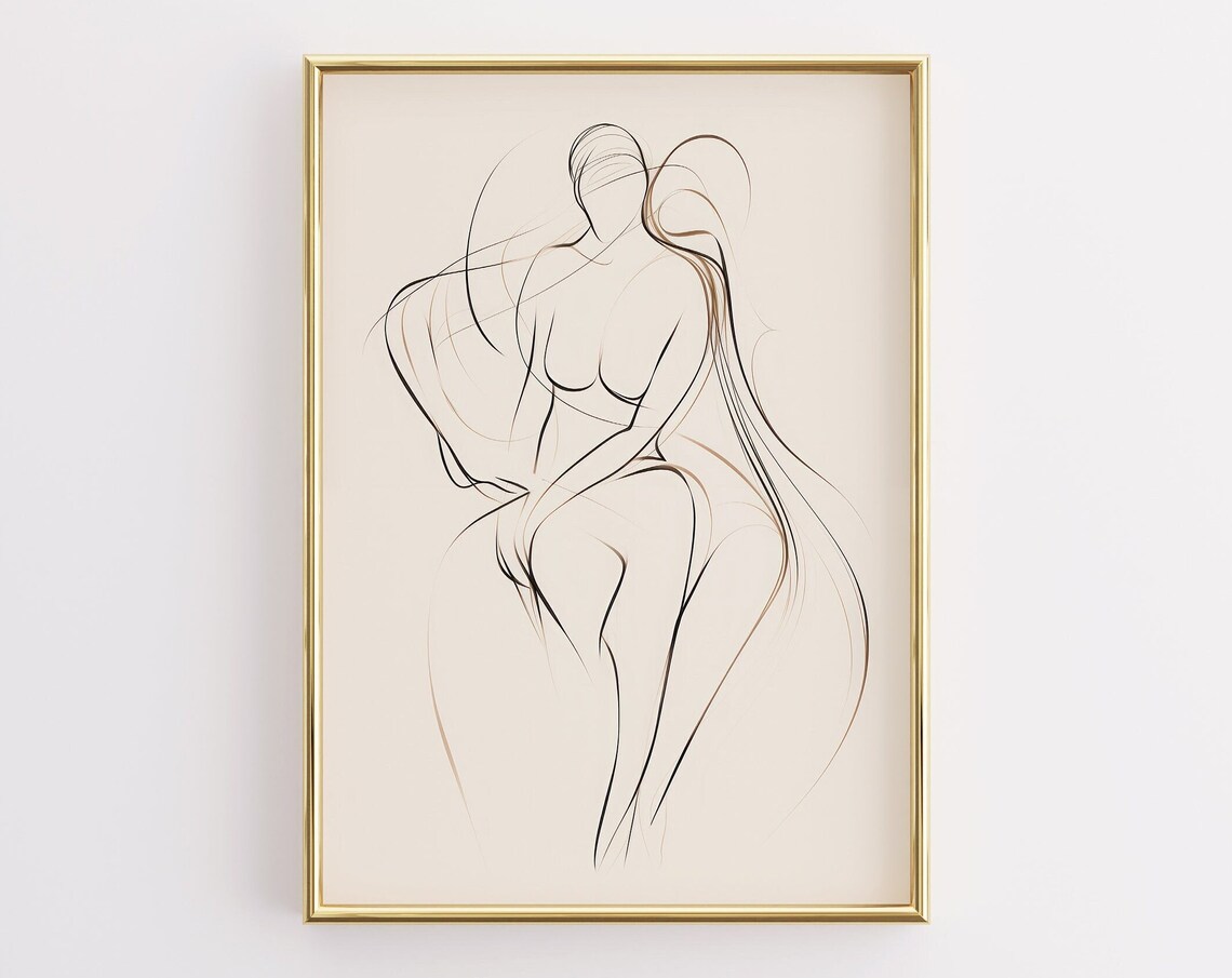 Female Body Line Art Minimalist Beige Abstract Figure Drawing Poster