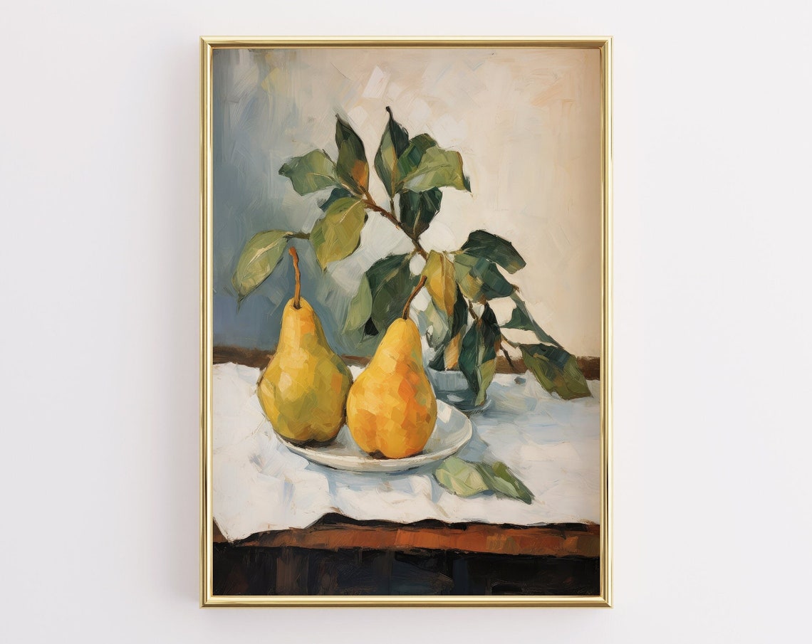 Two Pears Still Life Oil Painting Kitchen Fruit Bowl Rustic Wall Art