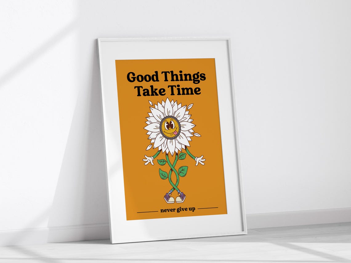 Groovy Poster Retro Motivation Poster Home Office Good Things Take Time Print Positive Quote Poster Classroom Poster - Image 3