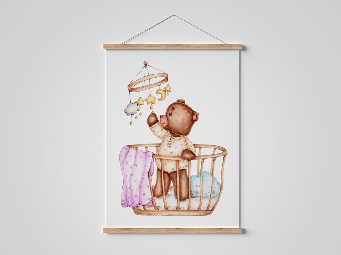 Watercolor Teddy Bear In Cradle Star Mobile Nursery Baby Wall Art - Image 3