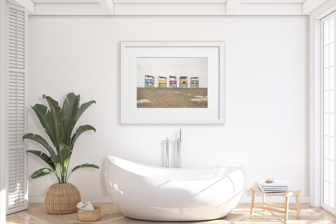 Row of Five Colorful Lifeguard Stands on Sandy Beach Photo Poster - Image 2