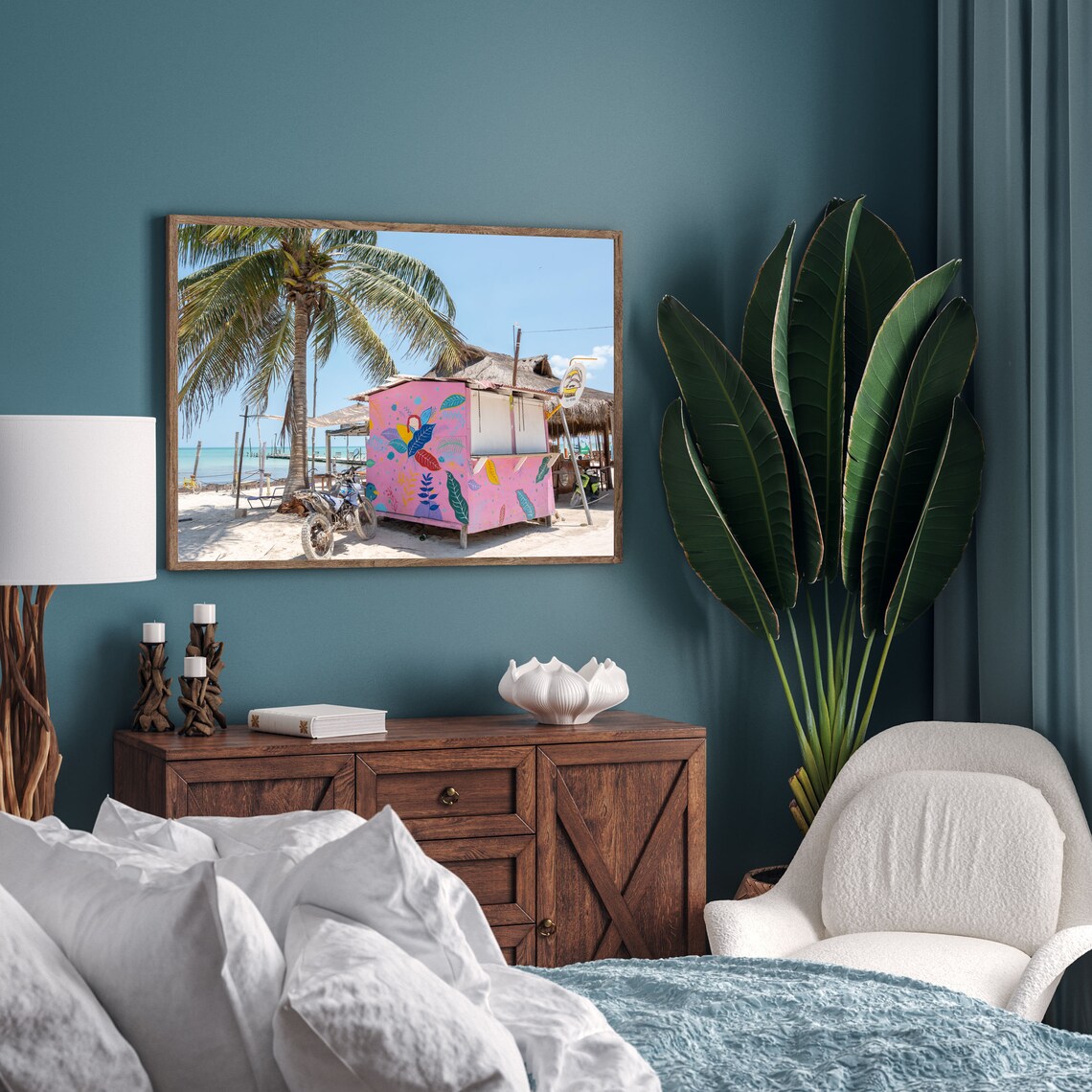 Pink Beach Hut Art Print, Isla Holbox Beach Scene - Image 3
