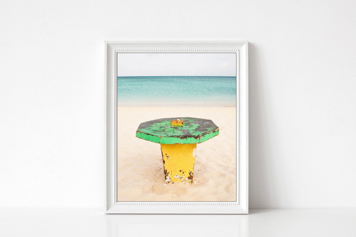 Weathered Green Yellow Table on White Sand Beach Shore Poster - Image 3