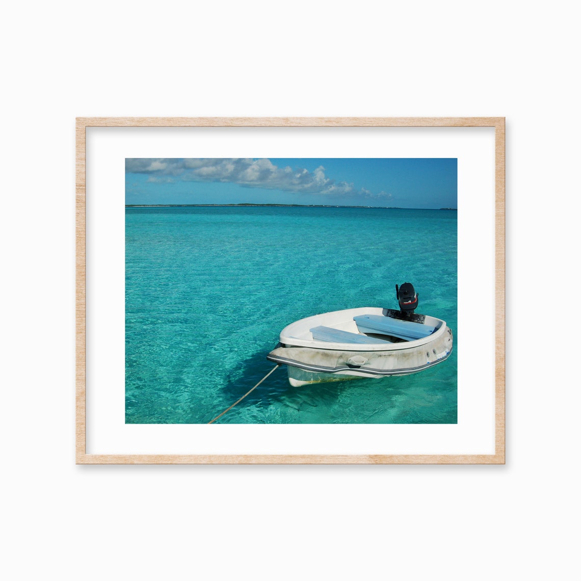 White Dinghy Anchored on Crystal Clear Turquoise Water Poster